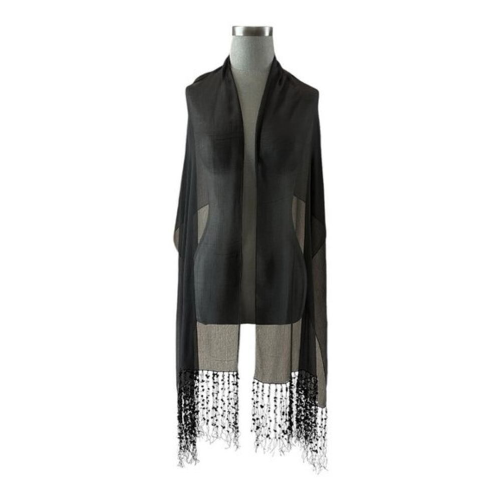 Kenneth Cole Reaction Black Sheer Sequin Fringe Scarf 72x20 Shawl Wrap VG